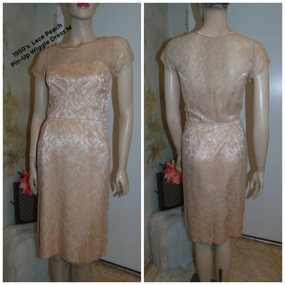 Vintage 50's Peachy Beige Floral Lace Overlay Pencil Wiggle Rockabilly Dress M